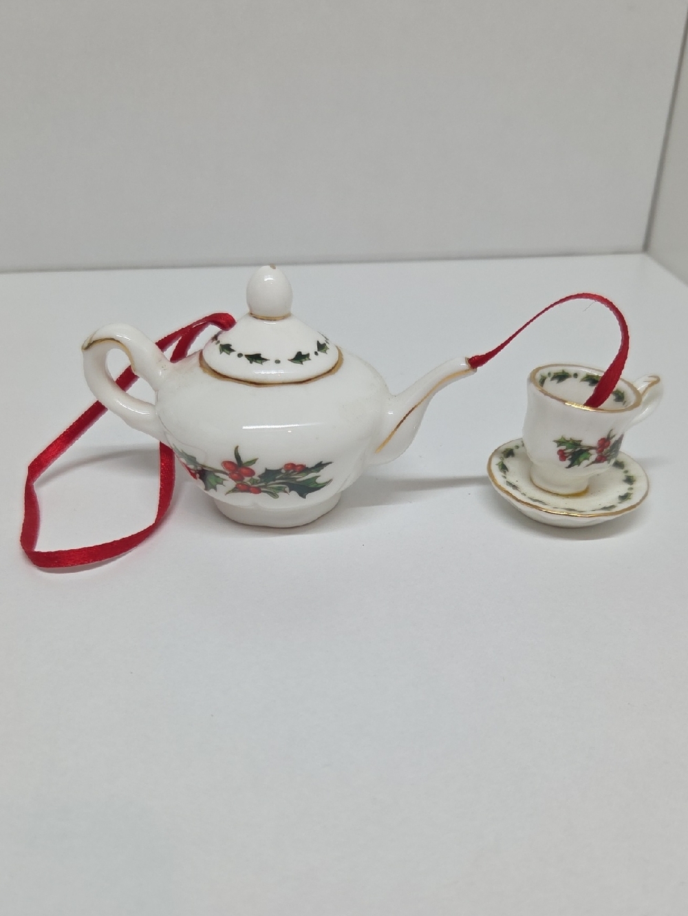 Miniature Porcelain Teapot & Teacup Ornament — White with Holly Red Ribbon